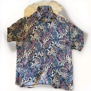 Van Heusen Men's L Hawaiian Dark Jungle Print Aloha Shirt Short Sleeve Button Up